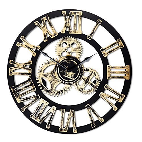 Antique Vintage 16" Round Wall Clock, Wooden Handmade 3D Gear Design (Gold with Roman Numerals)