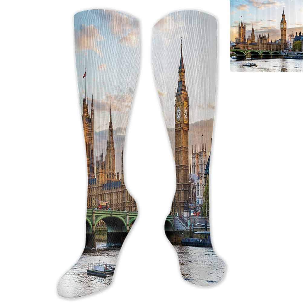 Harajuku women Sketch of national British Emblems Big Ben Houses of Parliament Bus Flag Image Long socks For men