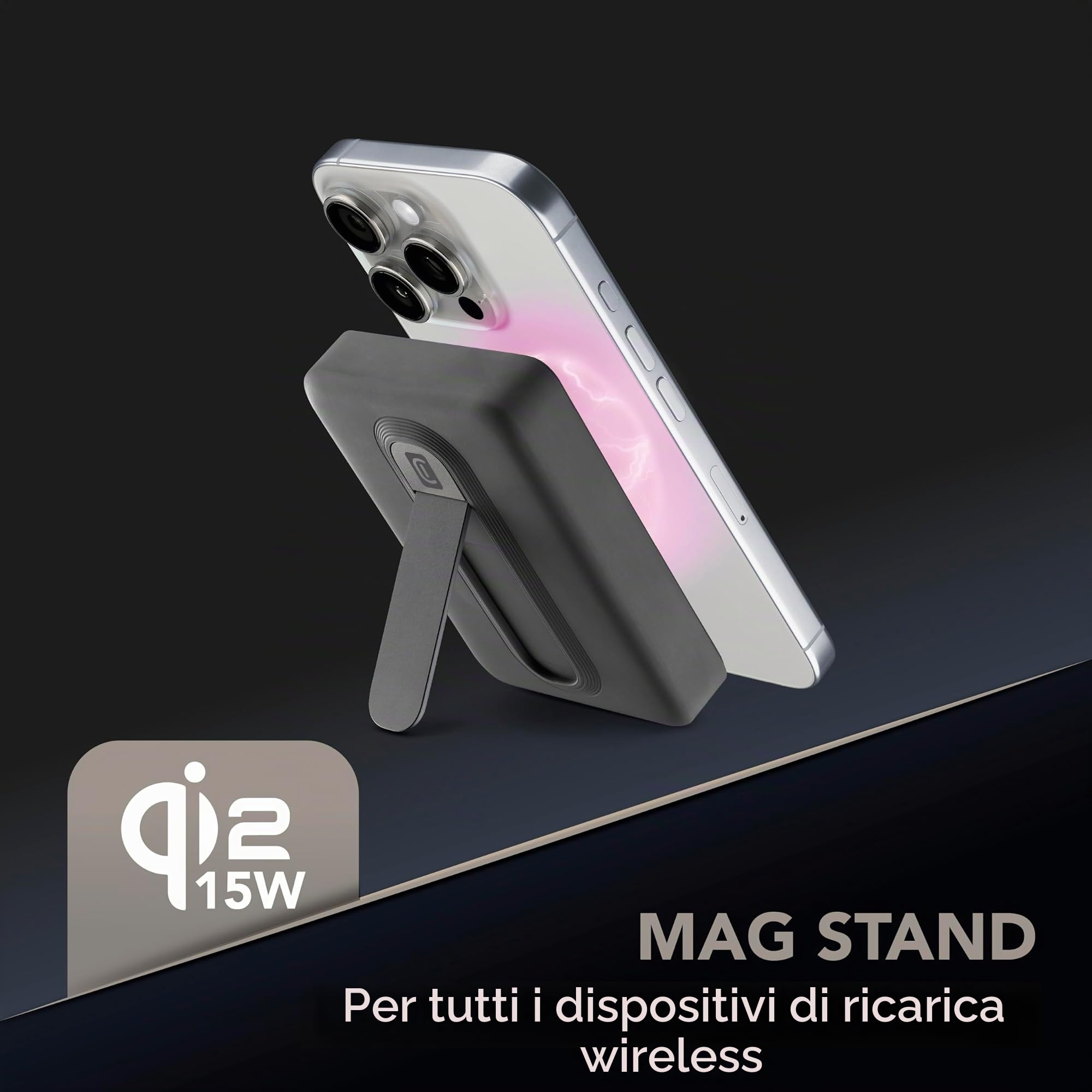 Cellularline Power Bank 10.000 mAh Qi2 15W con Stand Integrato e USB-C 20W – Soft-Touch, Mag Stand - Nero