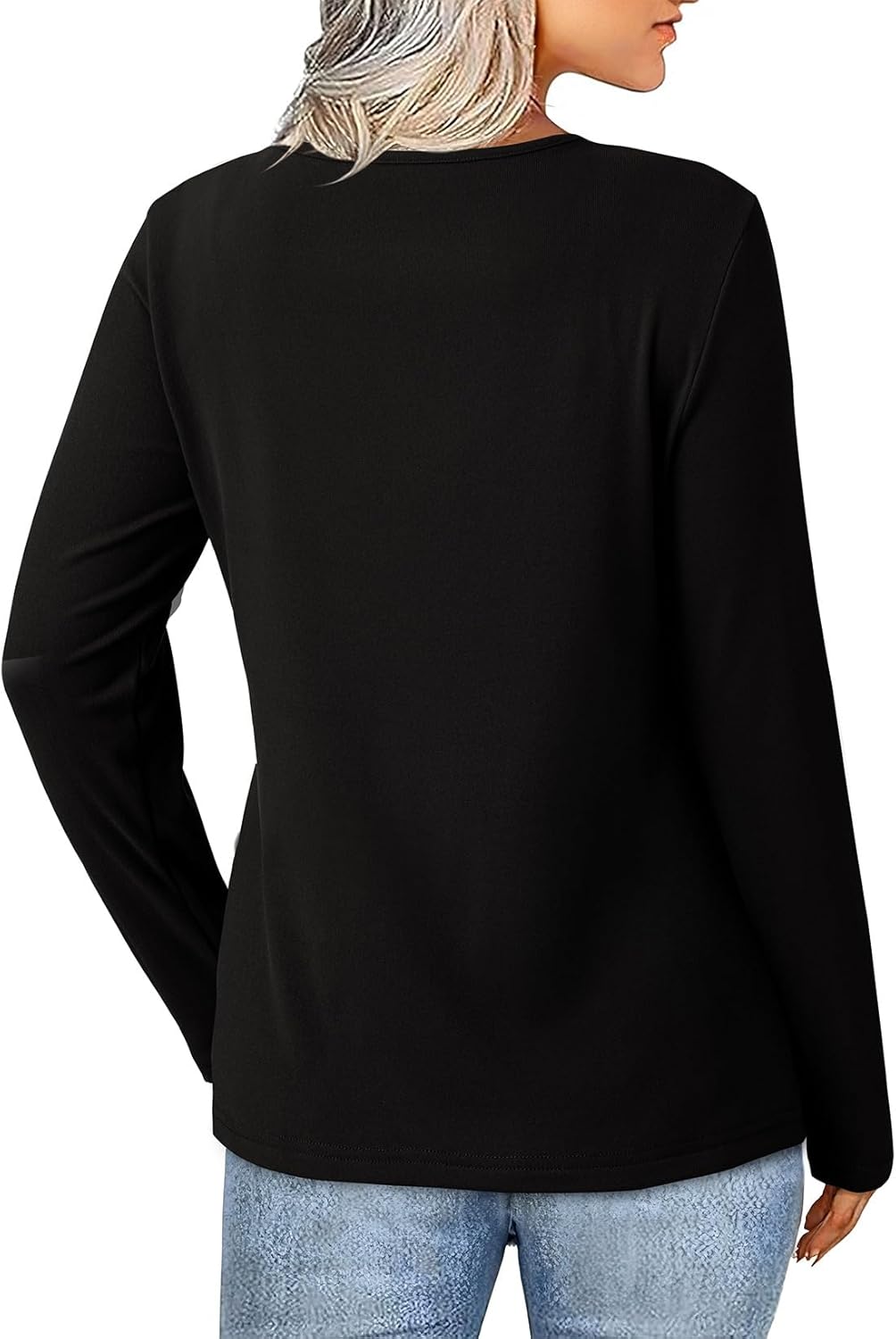 SHEWIN Women Long Sleeve Lightweight Tunic Tops Casual V Neck Pleated Button Warm Tee Shirts - Image 2