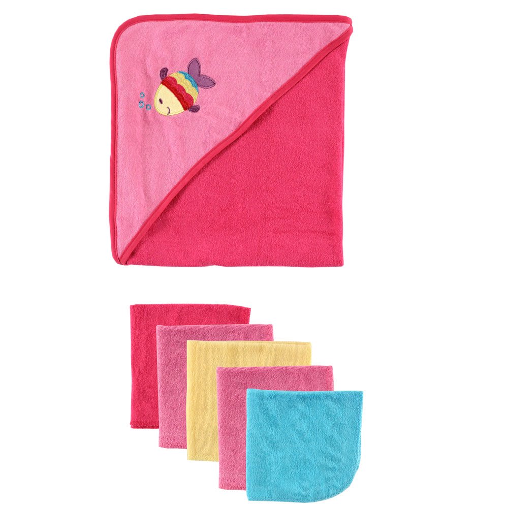 Luvable Friends Hooded Towel with 5 Washcloths, Pink (Discontinued by Manufacturer)