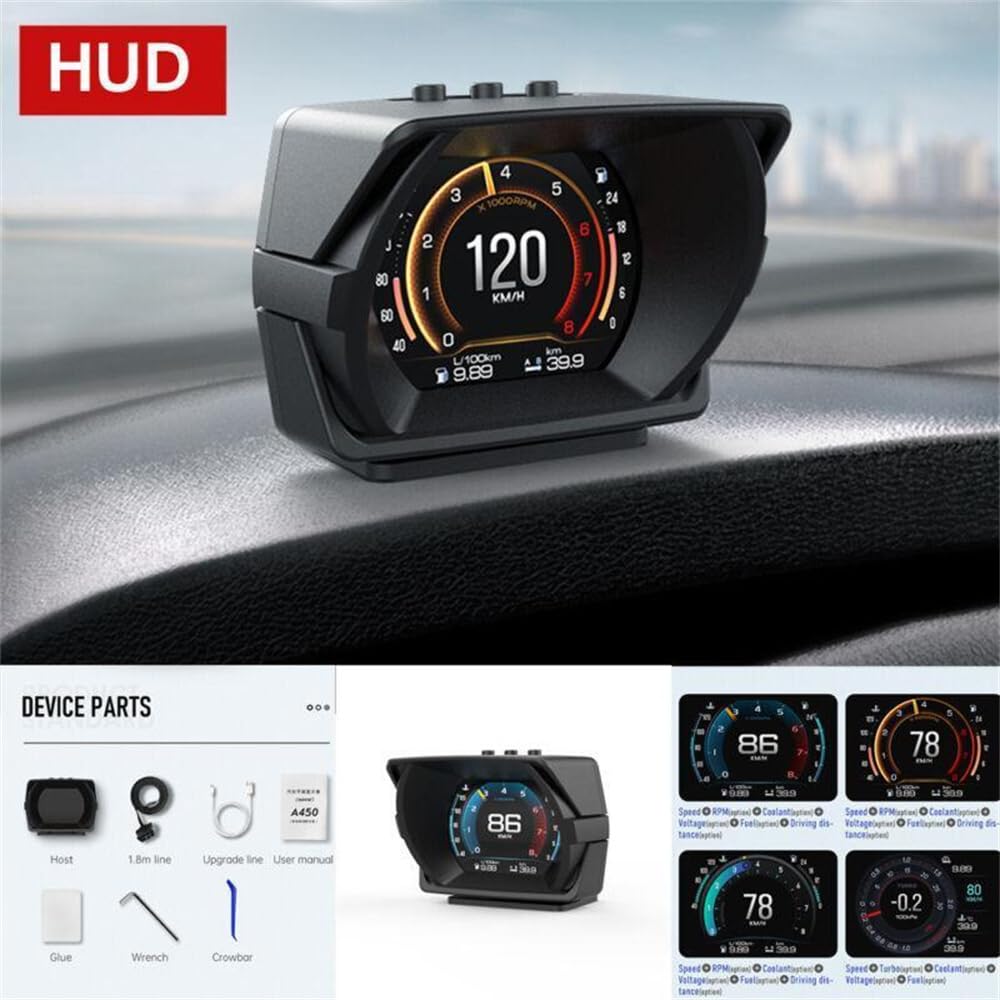 Wyświetlacz Heads Up Car Hud Heads-Up Wyświetlacz klasy wyścigowej Wielofunkcyjny panel przyrządów GPS Miernik nachylenia System alarmowy Samochód Heads Up Display (A450 OBD MEMS)