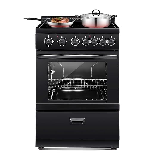 VEVOR 24in Electric Range Oven, 2.7Cu. Ft. Capacity Compact Freestanding Oven, Stainless Steel Kitchen Stove, with 4 Burners, Easy Reach Racks, Storage Drawer, Drip Pan, Indicator Light(No Power Cord)