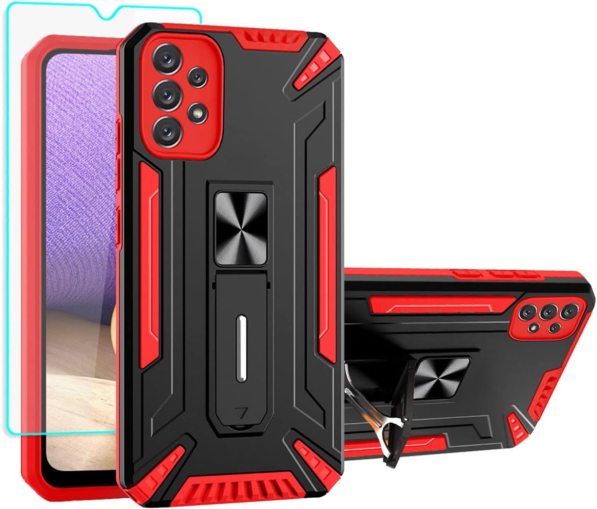 Yiakeng Galaxy A32 5G Case, Samsung A32 5G Case, with HD Screen Protector, [Military Grade] Ring Kickstand Hard PC Soft TPU Shockproof Protective Cases for Samsung Galaxy A32 5G (Red)