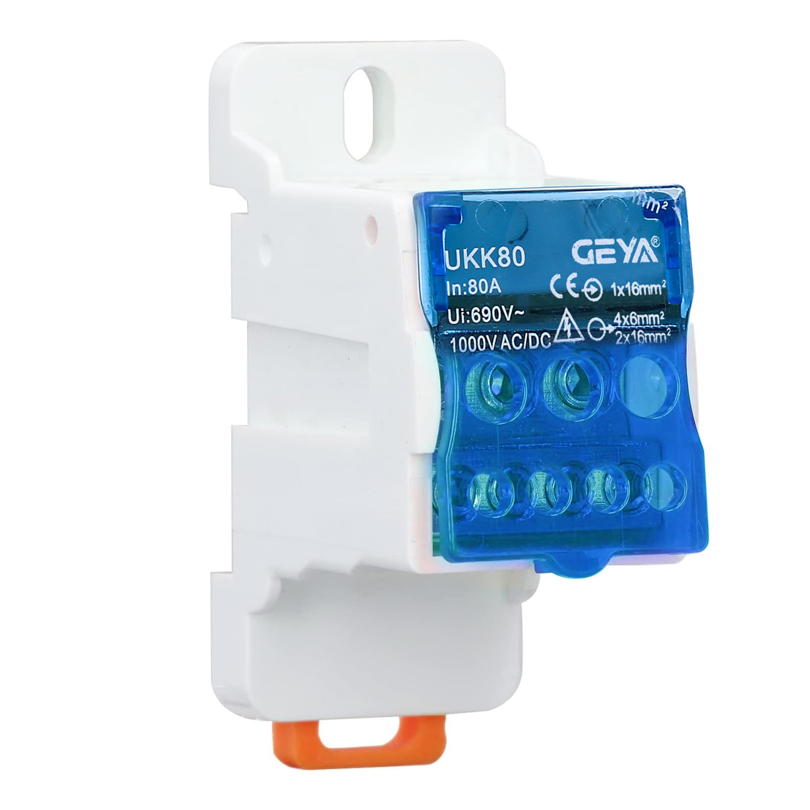 Jadeshay Terminal Block Distribution Box, 7-Pole, Blue, Screw Connector, Nylon, DIN Rail Mount, 80A, 1000V AC/DC