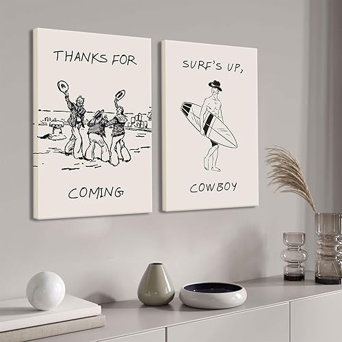 Miniatura 2 de 2 piezas de arte de pared vintage con texto en inglés "Thank for Coming", impresiones en lienzo retro de vaquero occidental surfista playero,