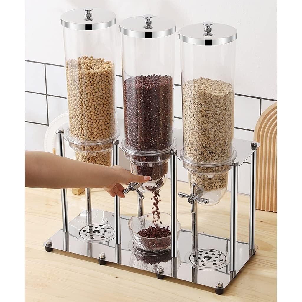 Dispensador de alimentos secos de acero inoxidable, contenedor de triple control para cereales, frutos secos, dulces, aperitivos, 10.5 L, autoservicio y recargable, opción conveniente y duradera