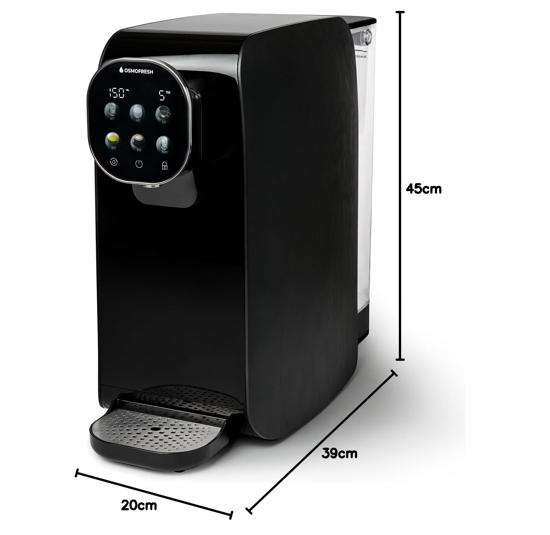 OsmoFresh Auftisch Osmoseanlage Quella Pro Black | mit Heißwasserspender | 6 Temperaturstufen | 7-Fach Umkehrosmose Filterung | Wasserfilter für Küche Büro Wohnmobil | kalkfreies Trinkwasser | UV