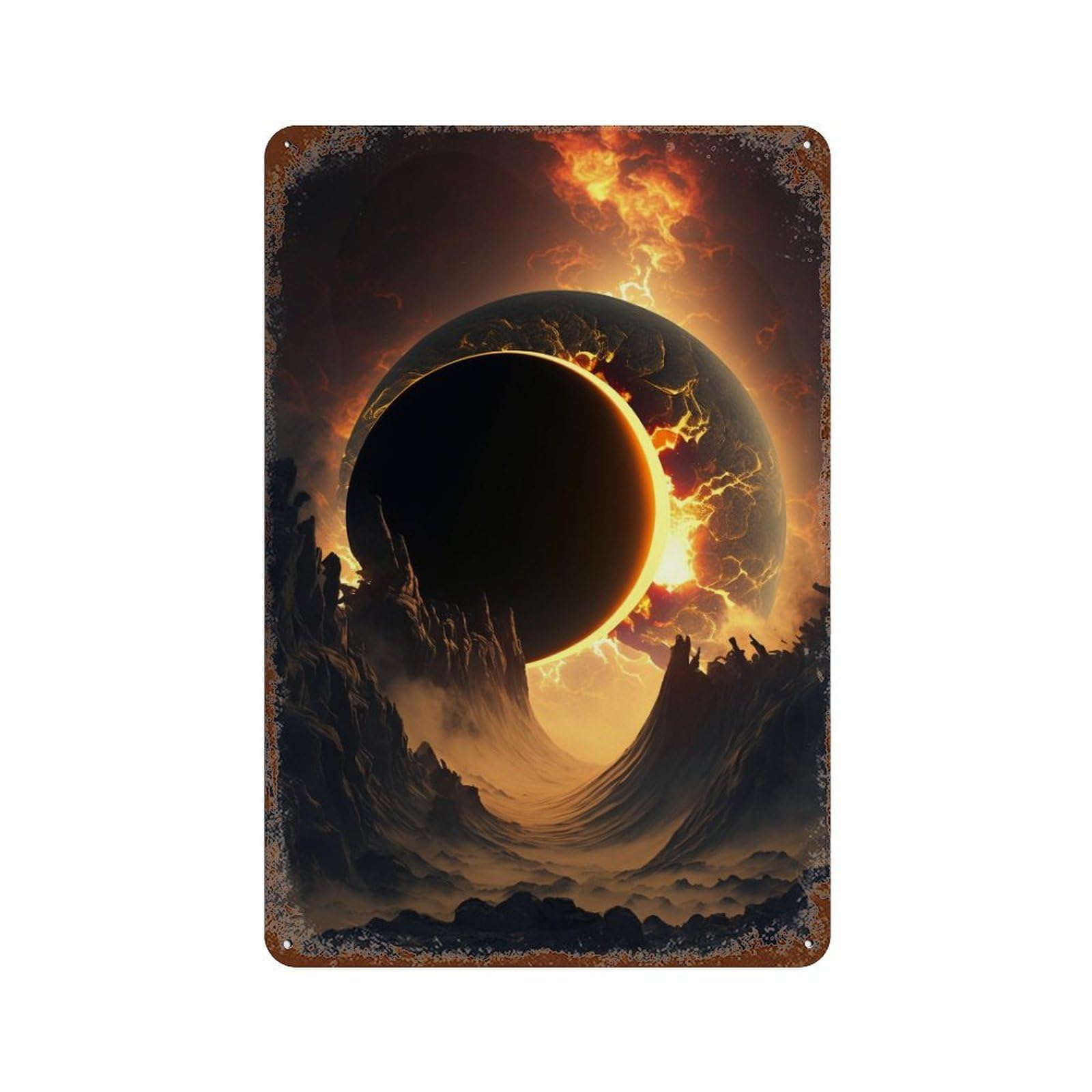 Fiery Eclipse Landscape Rusty Metal Tin Sign 11.8"x7.9", Classic Wall Plaque for Pub, Kitchen And Man Cave Decor