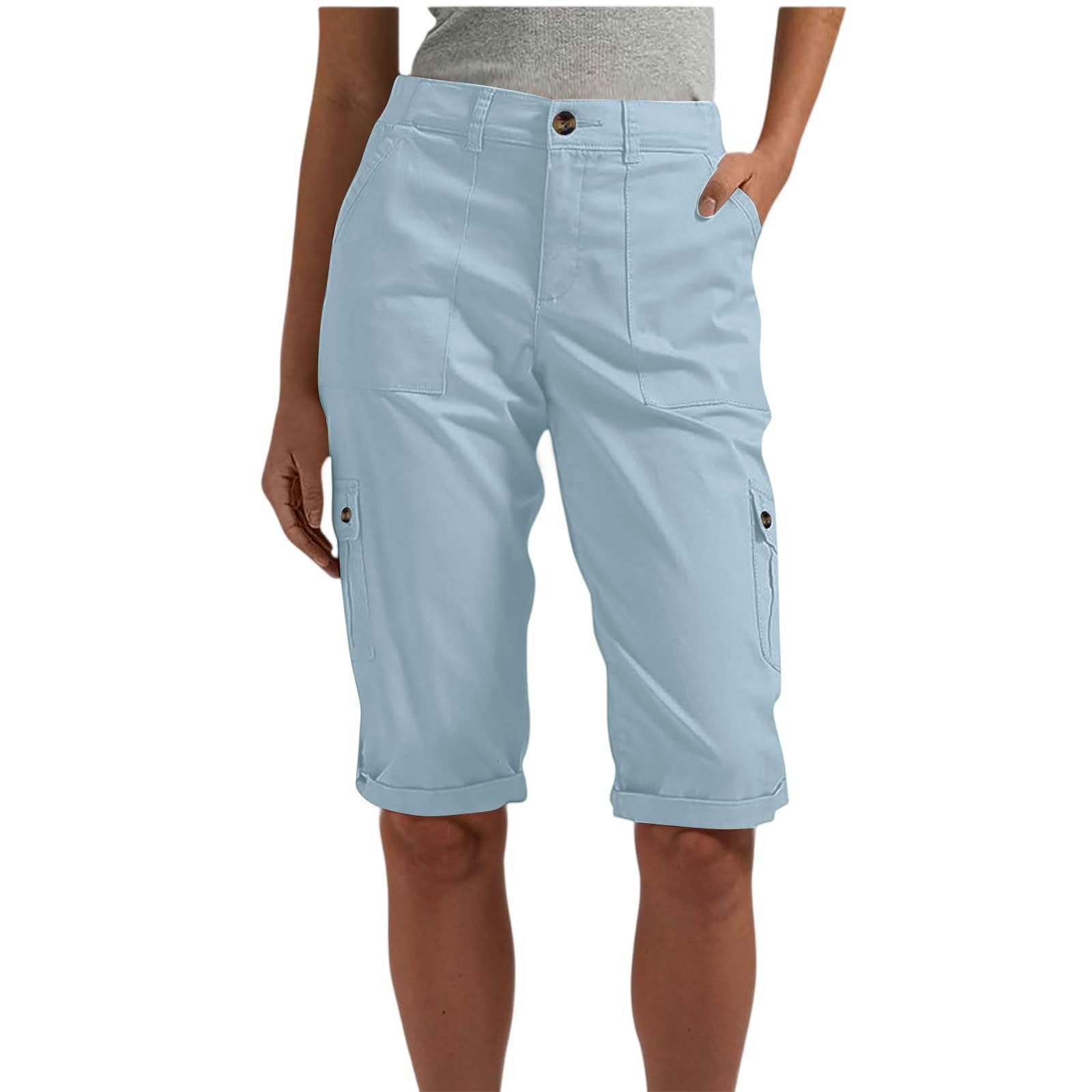 Bermuda Shorts for Women Lightweight Summer Rolled Hem Linen Cargo Shorts Outdoor Elastic Waist Long Hiking Short