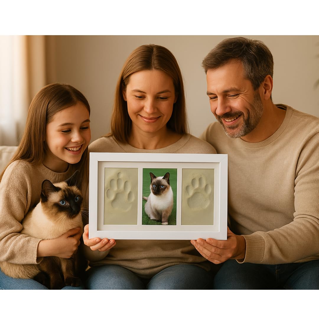 Marco per impronte di animali domestici (cane, gatto) con foto. Kit di stampa in argilla bianca. Scatola regalo con passepartout colorati. Ricordo personalizzato per cani e gatti.