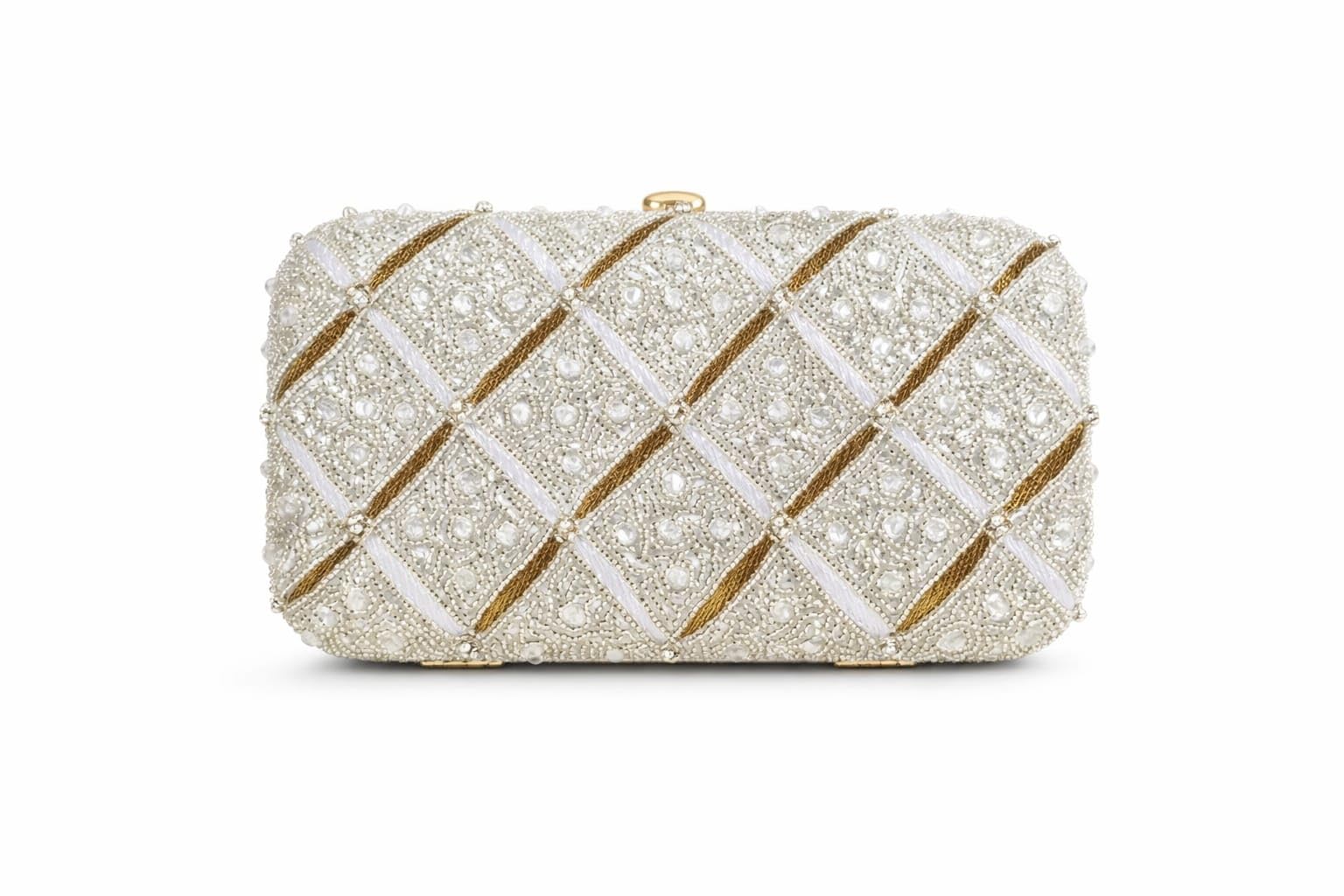 Embellished Clutch Bag, Silver and Gold, Beaded with Crystal Accents, Diamond Pattern, Bridal Evening Purse-image-28