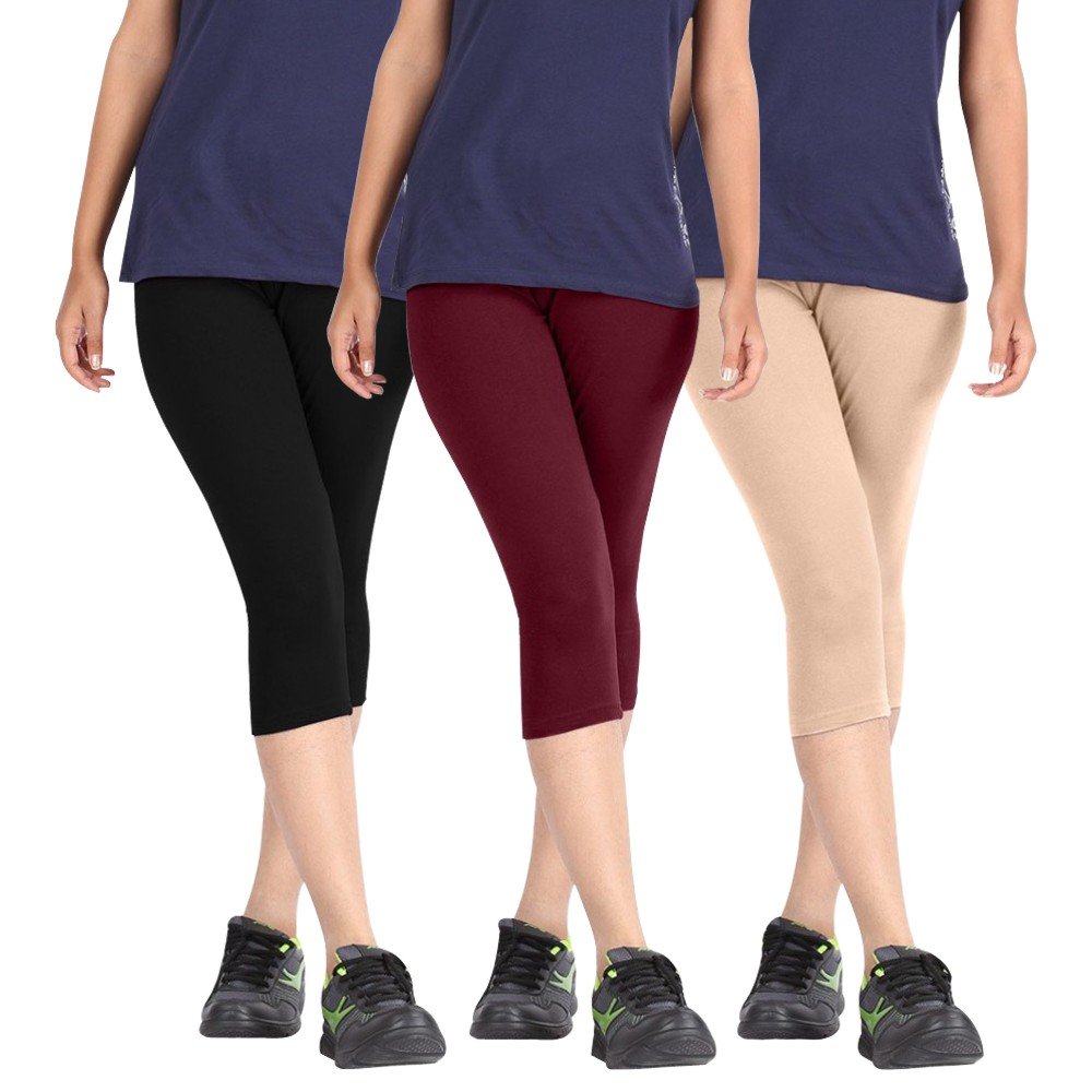 pixie fashion Biowashed Cotton Stretchable Capri Legging Combo Pack of 3 for Women/Girls/Ladies (Black, Maroon and Beige) - Free Size-picture-42