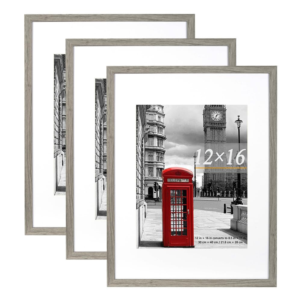 Scholar Tree Cement Grey Picture Frame 12x16 (30x40cm) with Mount for 8.5x11, Set of 3, 30x40cm Poster Frame,Wall Mountable