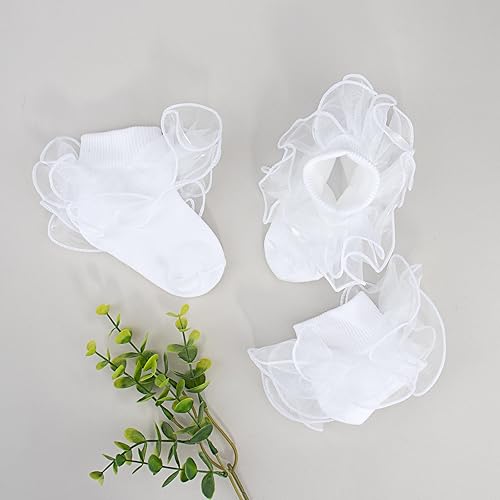 Miniatura 6 de Looching Calcetines de doble volantes para niñas pequeñas, con ribete de encaje con volantes, color blanco, con tutú, 3 pares