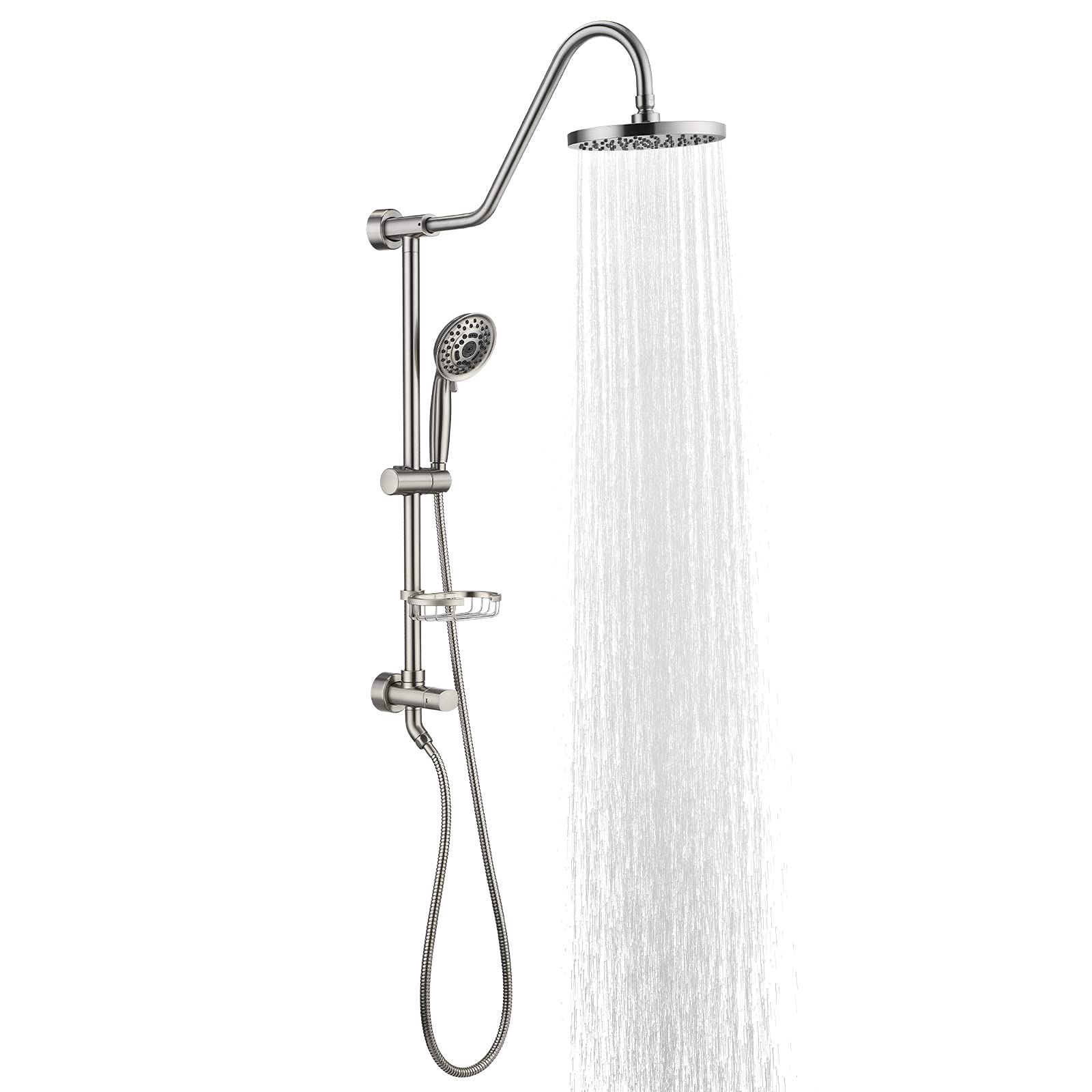 Shower System with 8" Rain Shower Head, 5-Function Shower Head with Handheld, Adjustable Slide Bar, 59" Stainless Steel Hose, Brushed Nickel