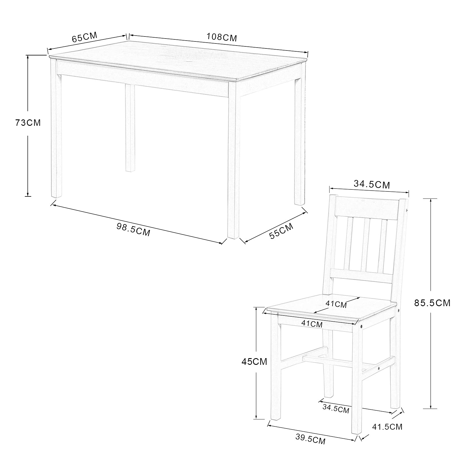 H.J WeDoo Set da pranzo da 5 pezzi, con tavolo da pranzo, e 4 sedie, rettangolare, tavolo da cucina per soggiorno, sala da pranzo, 108 x 65 x 73 cm,bianco e grigio