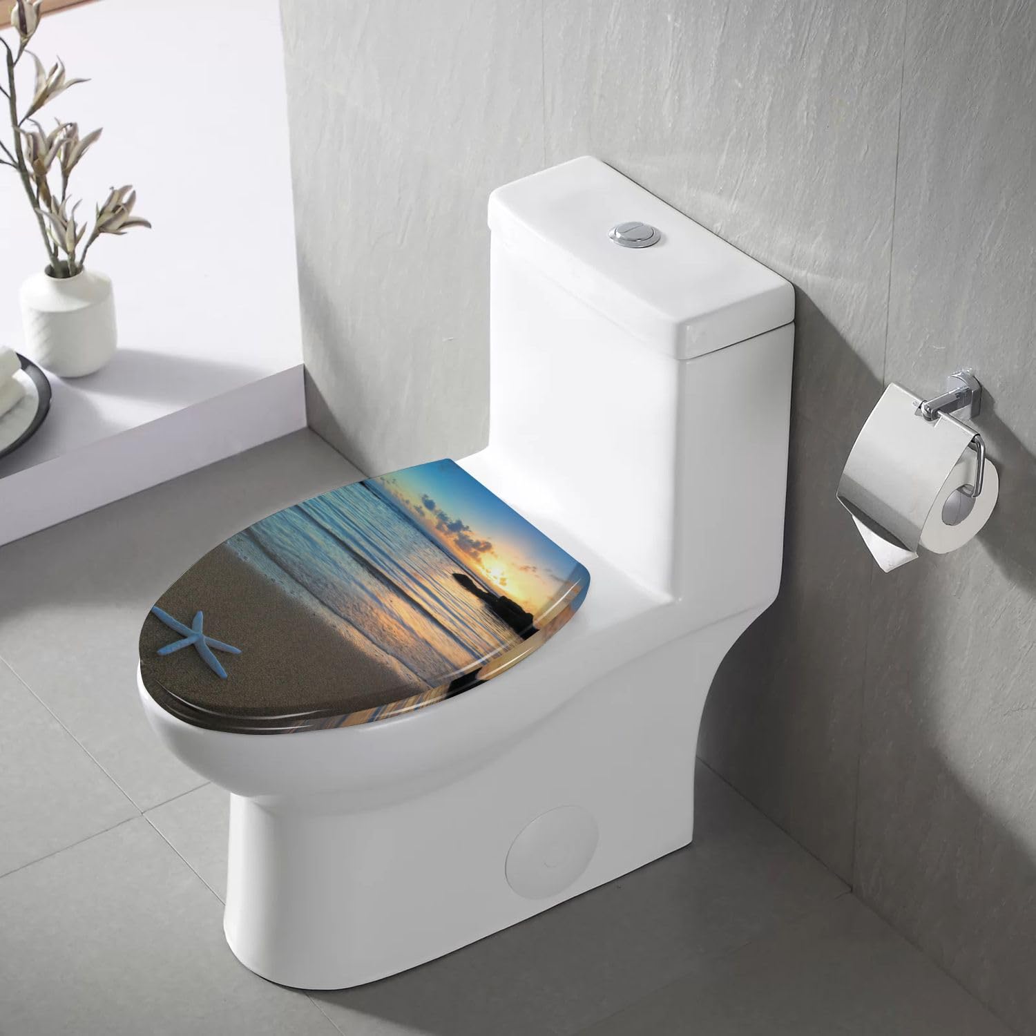 DANIELS STANDARD ROUND GREEN SEASHELL and SEAHORSE RESIN TOILET SEAT, CHROME HINGES