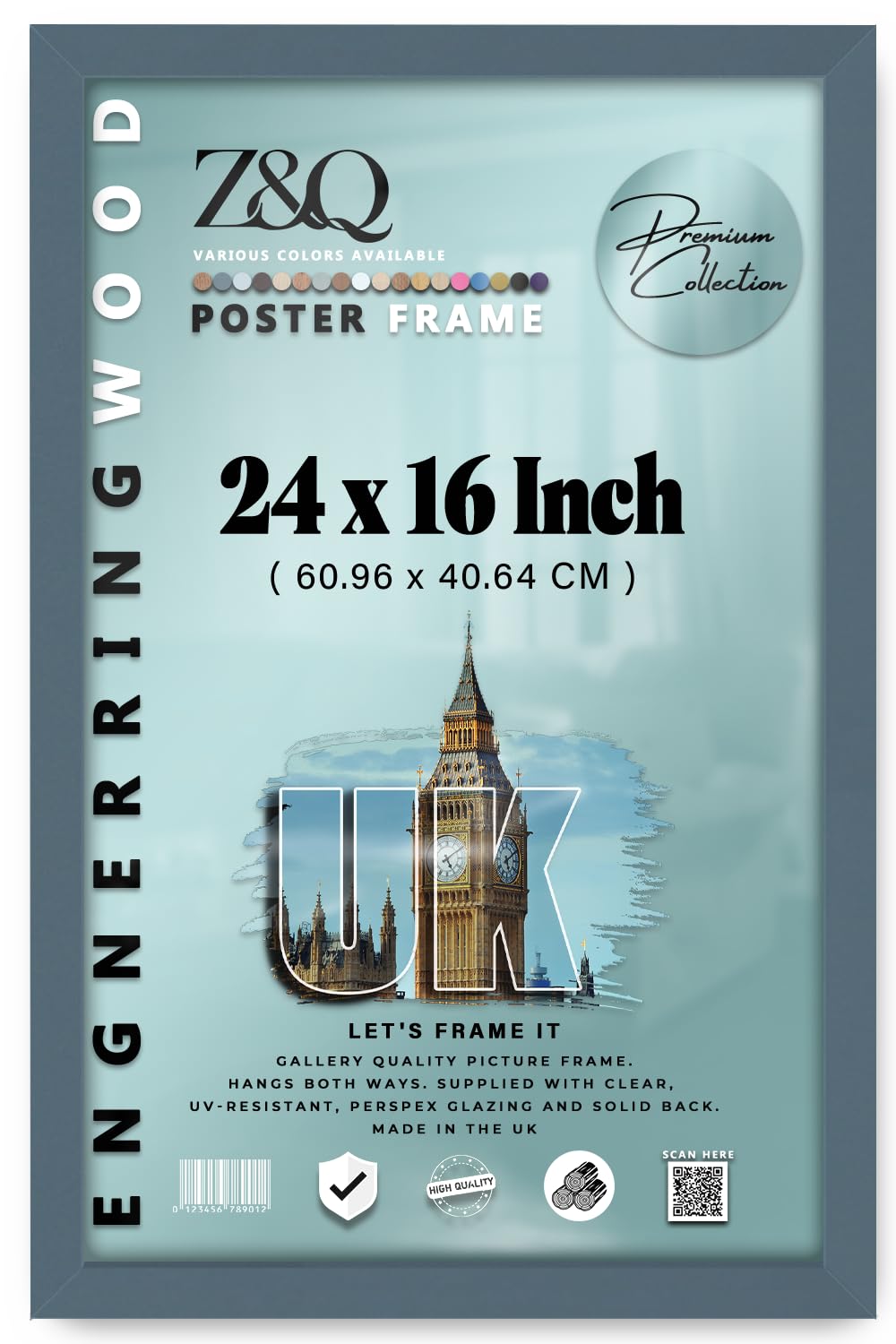 Z&Q - Flat Versatile MDF Wood Finish24 x 16 Inch Poster Frame | for Art Gallery (60.96 x 40.64 CM) Wall Décor & Room Display [ Dark Grey ]