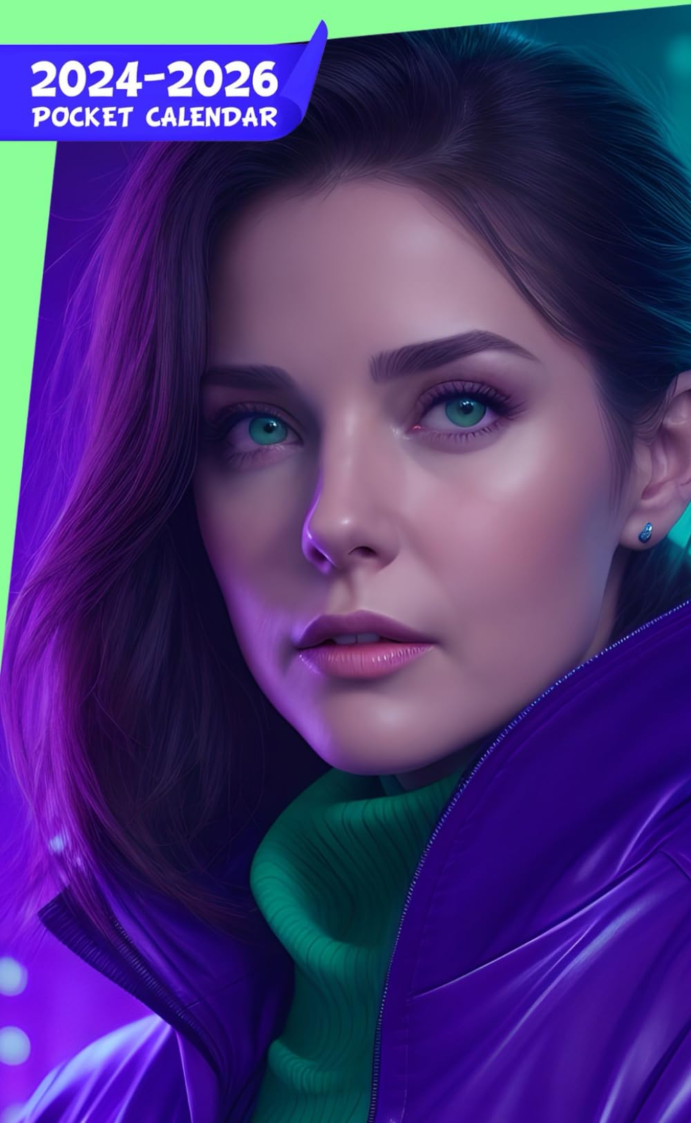 Pocket Calendar 2024 - 2026: Three-Year Monthly Planner for Purse , 36 Months from January 2024 to December 2026 | Realistic sci-fi woman portrait | Confident | Snagged brown hair | Green eyes