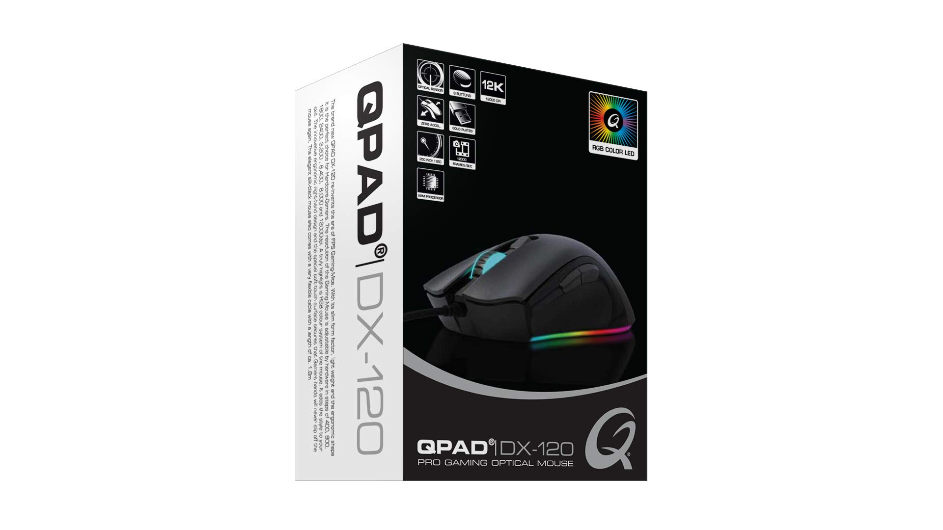 Qpad Pro Gaming Maus, Computermaus für PC, Laptop, Computer, Mac, MacBook, Optical Mouse mit optischem Sensor für FPS Spiele, 12.000 DPI, LED Beleuchtung, kabelgebunden (Wired), USB, Schwarz, DX120
