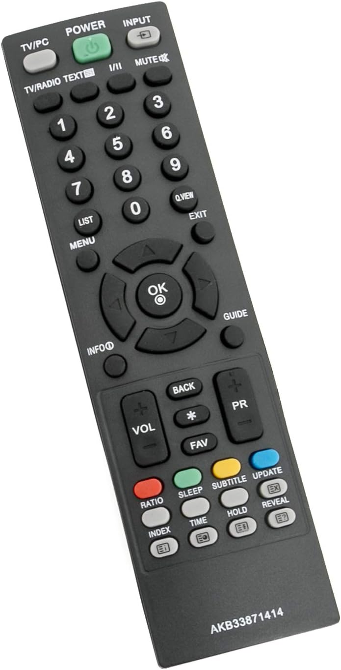 Cearcallach view of the AULCMEET AKB33871414 remote control, highlighting its ergonomic design.