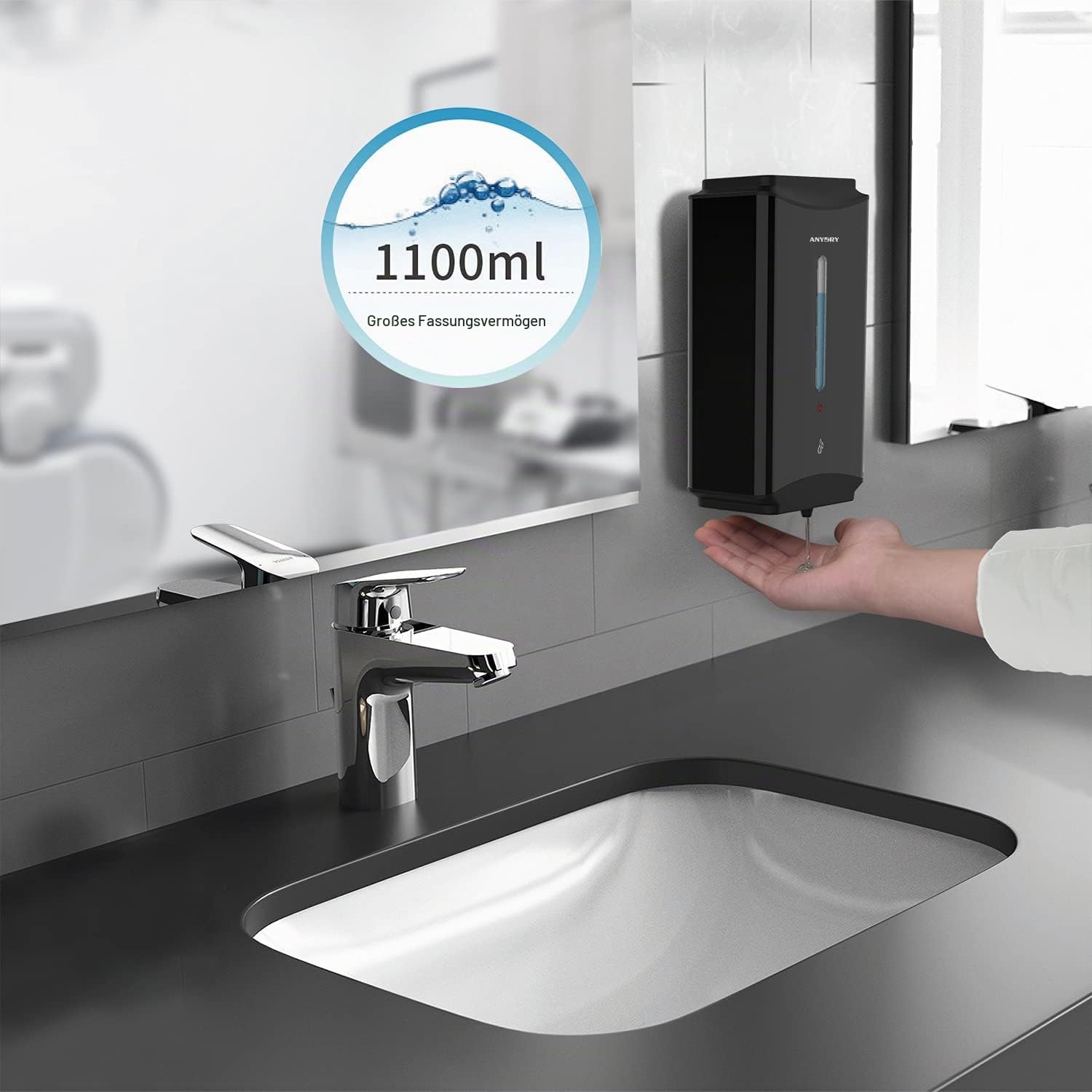 anydry AD1206 Kommerzielle Wandhalterung Automatischer Flüssigseifenspender Edelstahl-Finish 1100ml Großes Fassungsvermögen (Matt Schwarz)