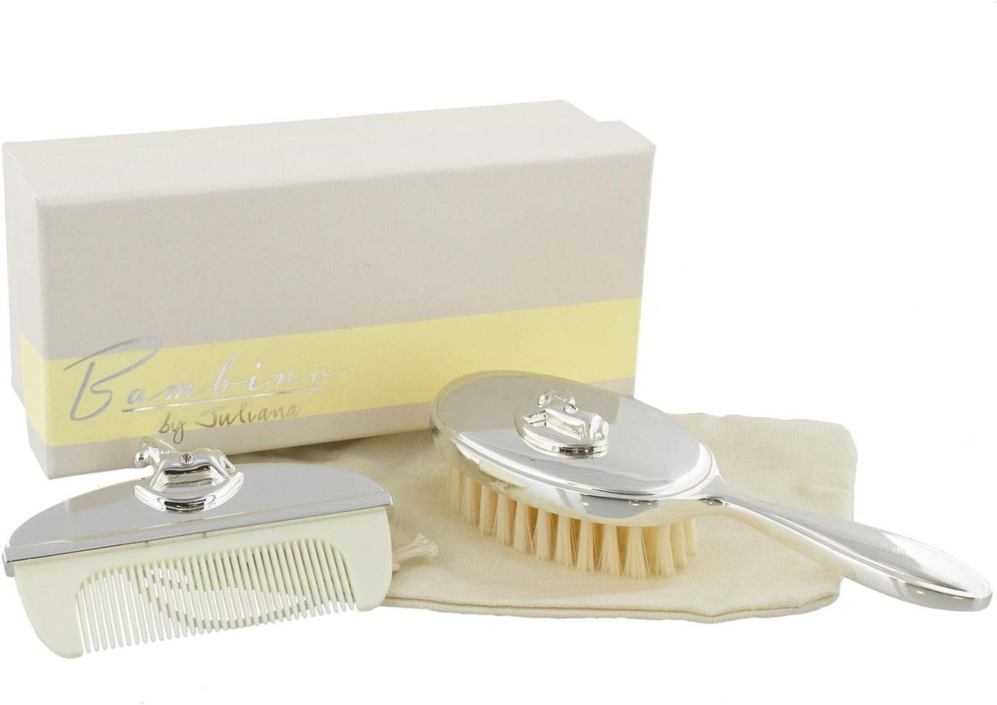 Baby Christening Gifts. Baby's Brush & Comb Set with Rocking Horse Icon