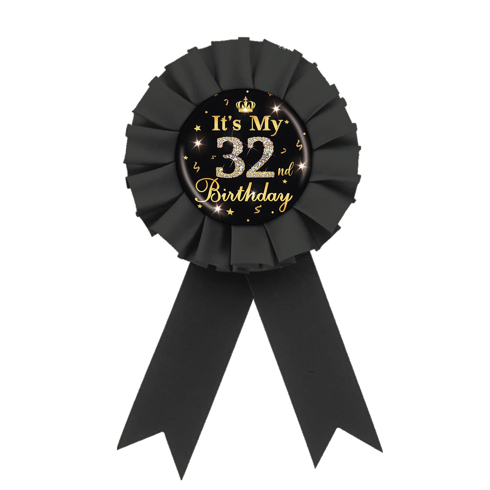 It's My 32nd Birthday Tinplate Badge Pin, Gold Diamond Happy 32nd Birthday Button Pin, Thirty Two Birthday Black Rosette Award Ribbon Pin for Women,