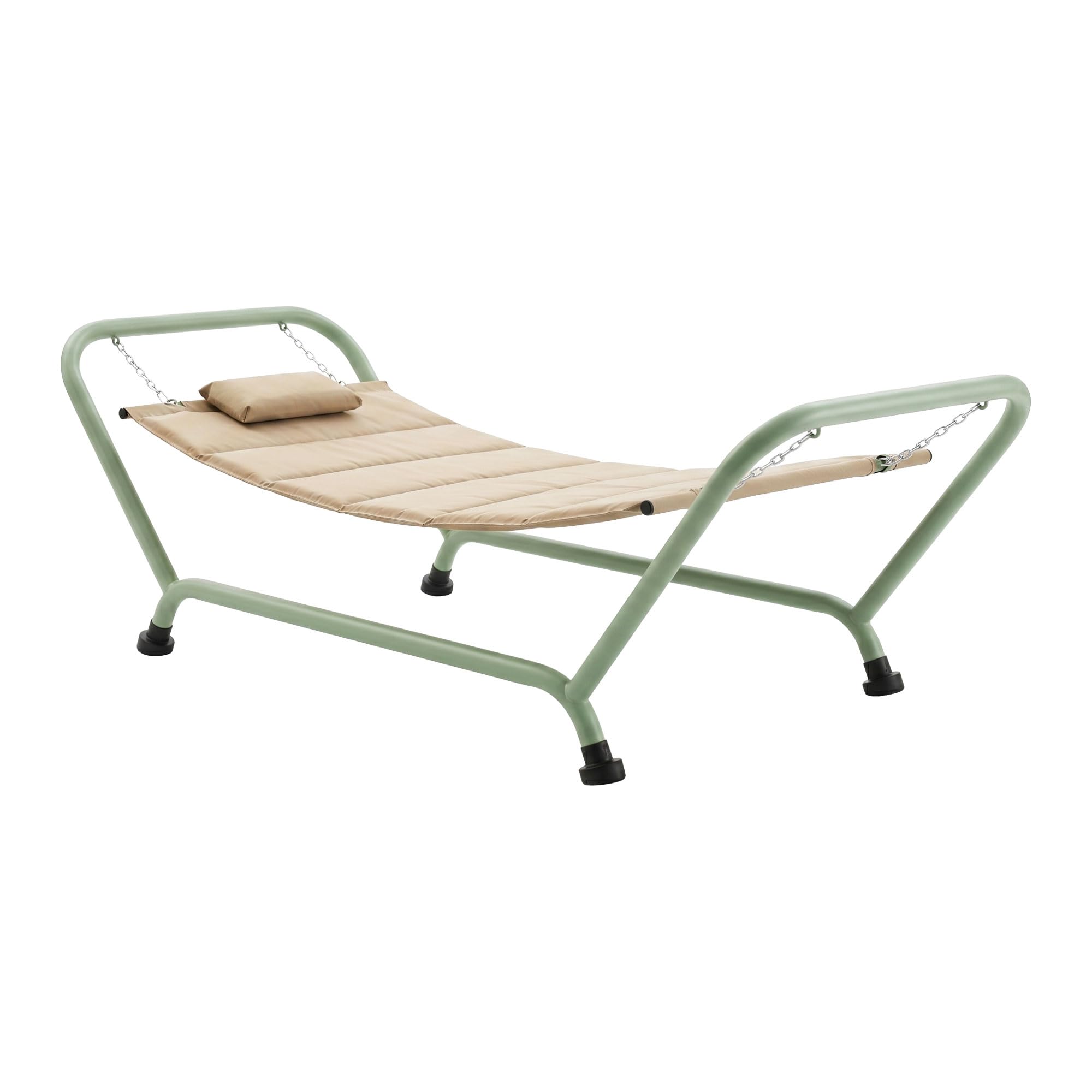 FRANKYSTAR® Levia Hamak ogrodowy 233 x 86 x 95 cm z metalowym stojakiem i poduszką zewnętrzną z beżowej tkaniny