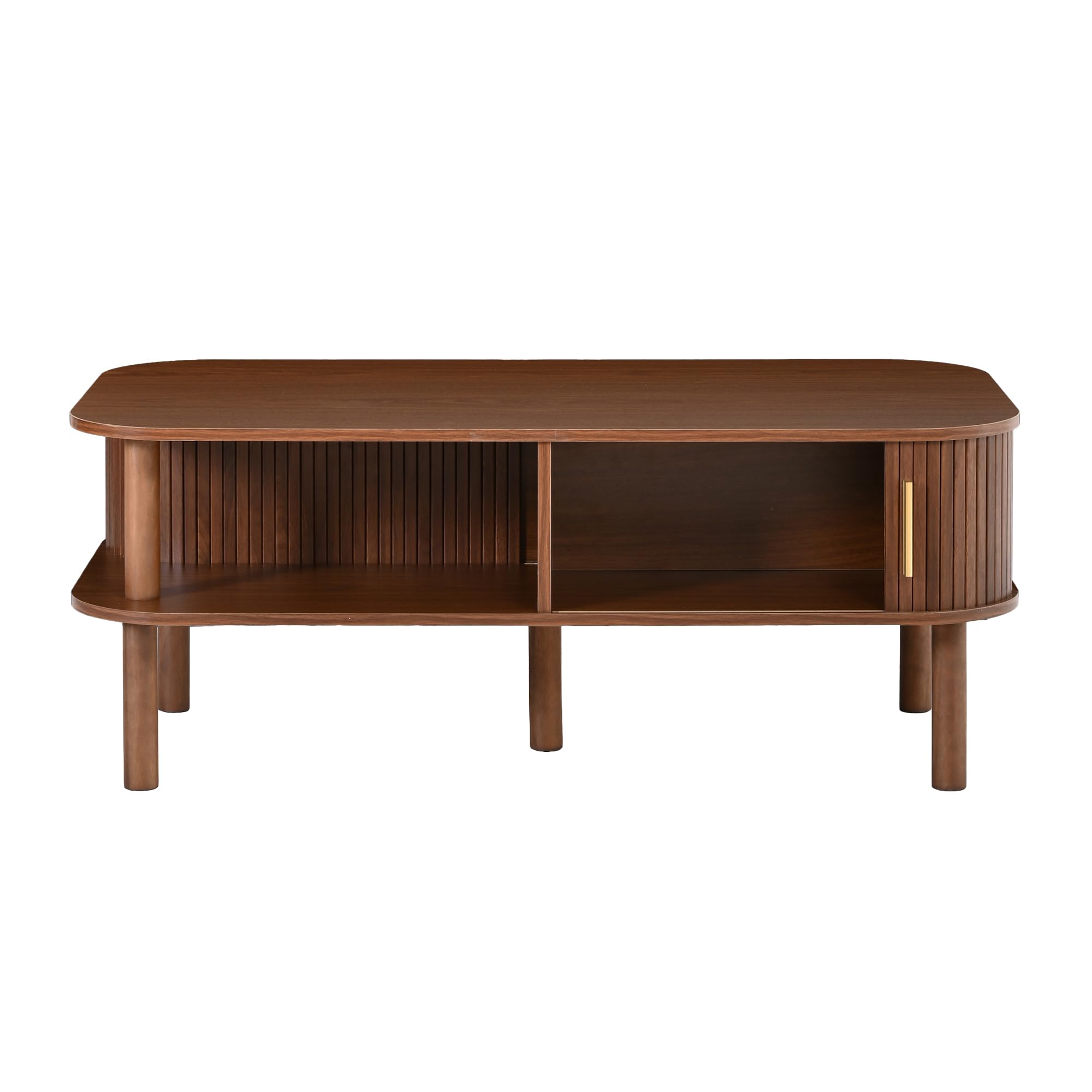 Couchtisch 110x55x45cm aus MDF, Skandinavischer, Rolltor, offene Fächer, Stauraum, belastbar 60 kg, Walnussholzfarbe