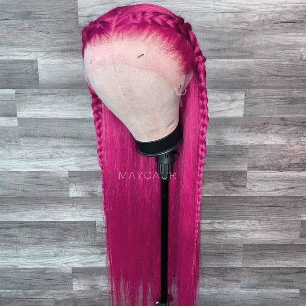 Maycaur Long Straight Hot Pink Lace Front Wigs Pre Plucked Hairline Glueless Hair Rose Red Synthetic Lace Front Wigs for Fashion Women Heat Resistant Fiber: #Rose Red