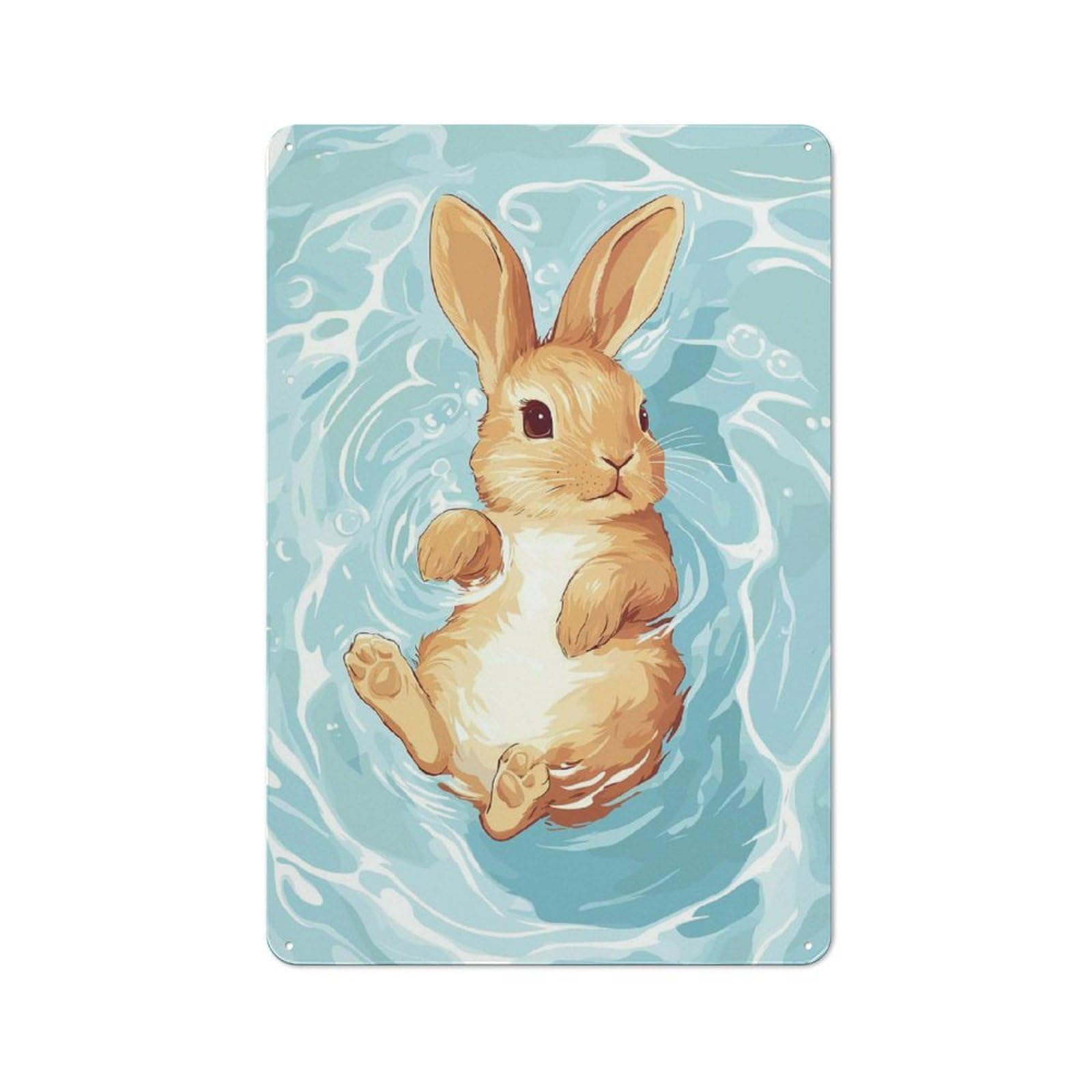 Junmoney Style-3 Rabbit Swimming In Water Illustration Tin Sign 30X20cm, Creative Studio Wall Plaque For Hobby Room, Office, Lounge Or Living Room