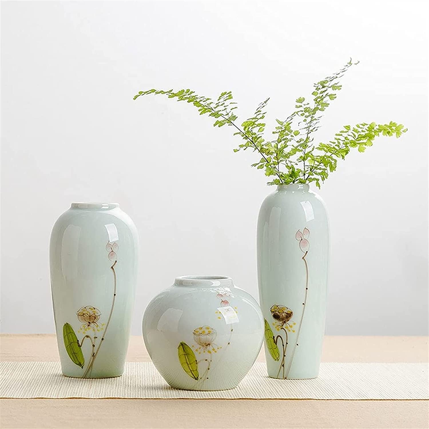OLOTU Moda Florero de Estilo Chino, floreros de cerámica Blanca, jarrón de Loto Pintado a Mano, hogar, Restaurante, Mesa de Centro, decoración de Escritorio Decoración