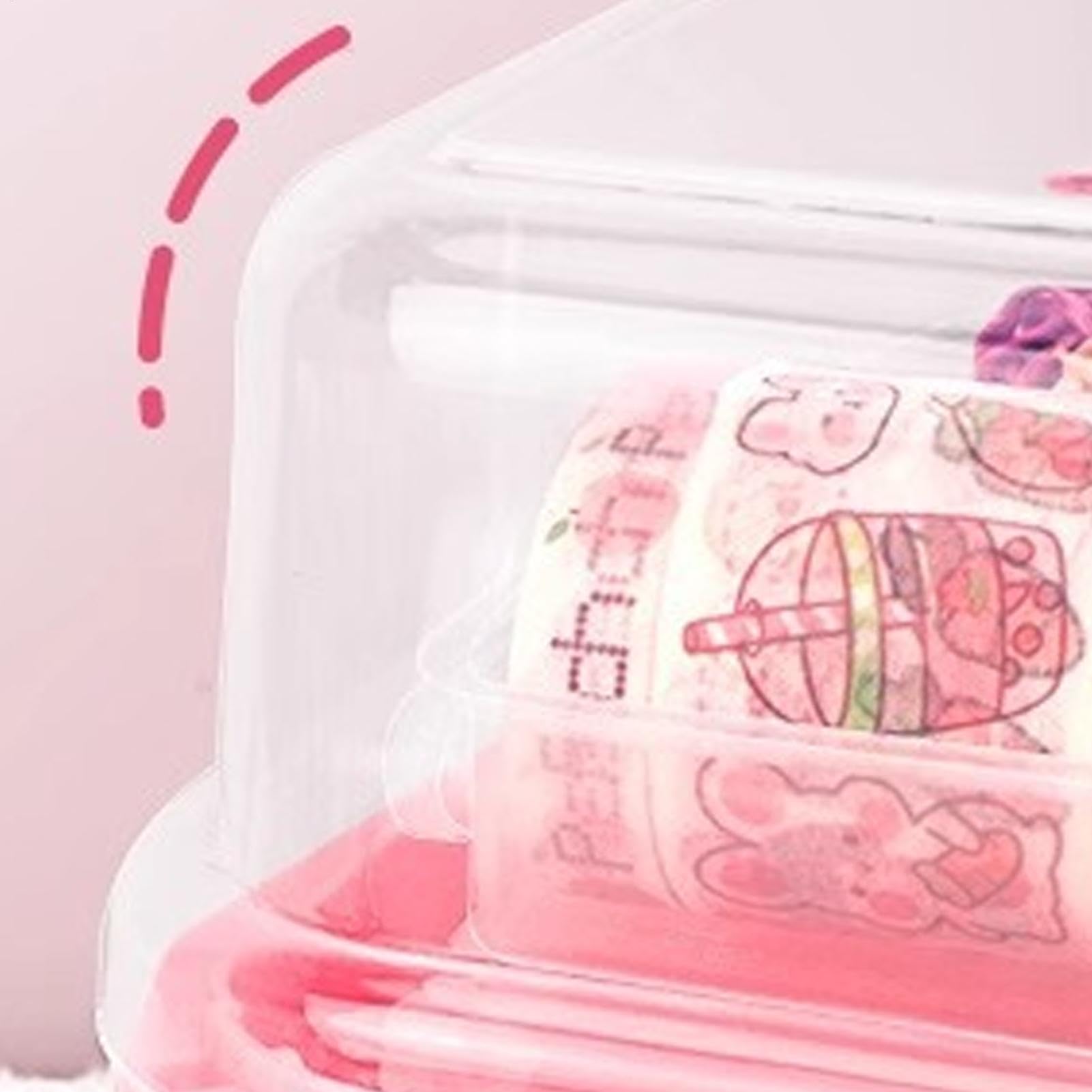 Stationary Organizer Box, Handled Storage Box Pink, Portable Stationary Tool Organizer, Multi-Layer Clear Organizer Box, Medicine Storage Box With Handle, Compact School Supply Organizer Box