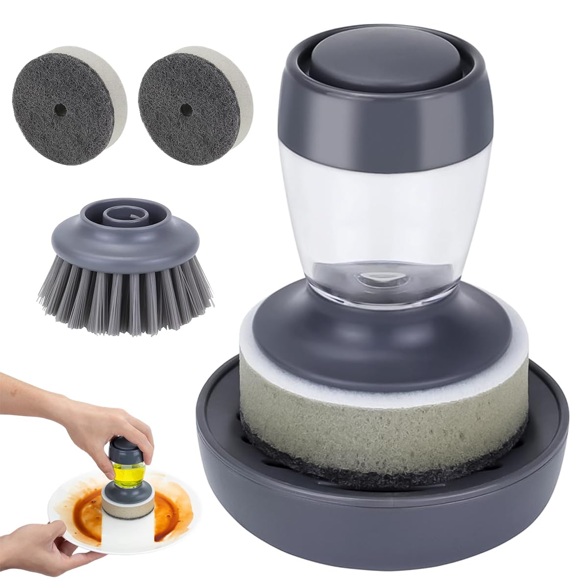 hasthip® 2 in 1 liquid soap dispenser kitchen scrubber brush with drip tray & 2 replacement scrub sponges kitchen dish brush scouring pad brush pan scrubber oil stain cleaning brush