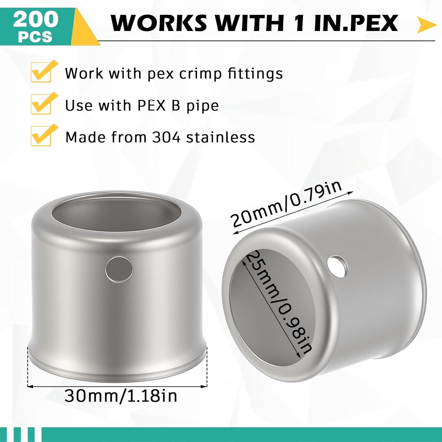 Kathfly 200 Pack 1" PEX Fittings Stainless Steel Press Sleeve Replacement for Brass (astm F1807) or Poly (astm F2159) Pex Fittings Crimp Ring