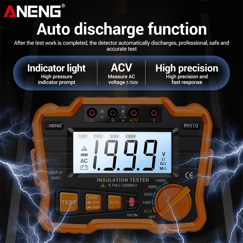 HUIOP ohmímetro Digital MH10 Probador de Resistencia de Aislamiento Digital 0.1MΩ-2000MΩ Megóhmetro con retroiluminación LCD Voltaje de Sal 100/250/ 500/ 1000V Medidor de Resistencia Aislado AC 750V