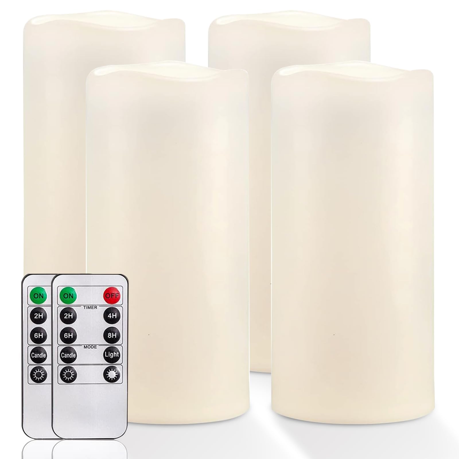 Homemory 4" x 8" Large Waterproof Outdoor Flameless Candles with Remote Control and Timer, Battery Operated Flickering LED Pillar Candles for Indoor Outdoor Lanterns, Porch, Long Lasting, Set of 4