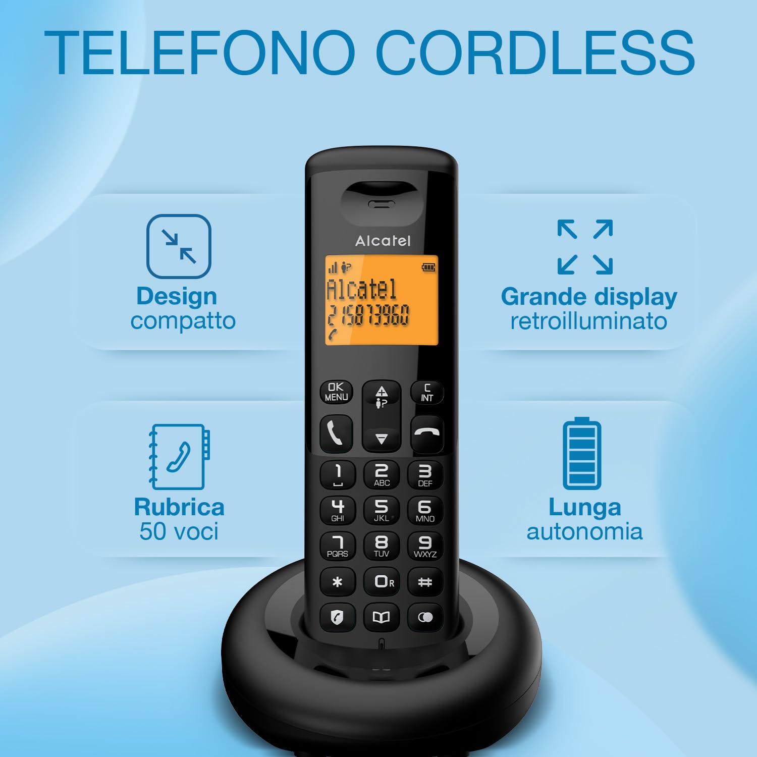 ALCATEL E160 Duo - Telefono Fisso Cordless DECT - Design Compatto - Grande Display Retroilluminato - Funzione Blocco Chiamate Indesiderate - 3 Memorie Dirette - 2 Portatili - Nero
