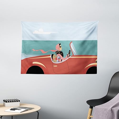 Miniatura 2 de Ambesonne Cars Tapestry, Funk Illustration of a Lady Driving Retro Auto on Road Her Dog by Sea, Wide Wall Hanging for Bedroom Living Room Dorm, 60"