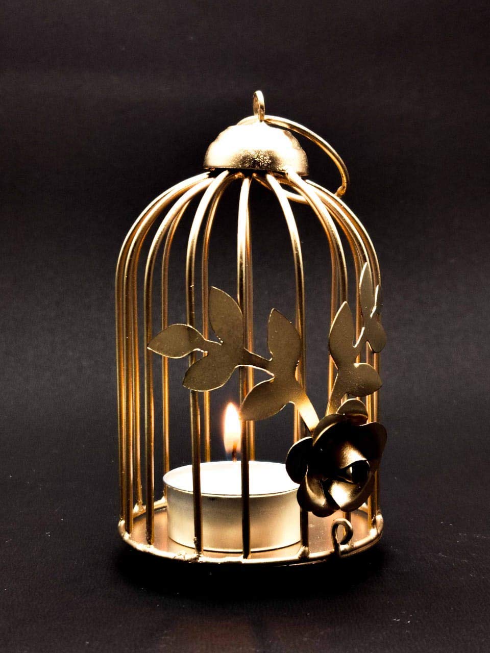 Parin Divisha Golden Cage Metal Iron Bird Cage Tea Light Holder with Flower Vine for Home Décor (Golden, Pack of 2) 3