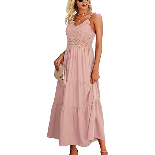 Dokuritu Women's Beach Crochet Lace Maxi Dress Solid Color Summer Spaghetti Strap Long Dress