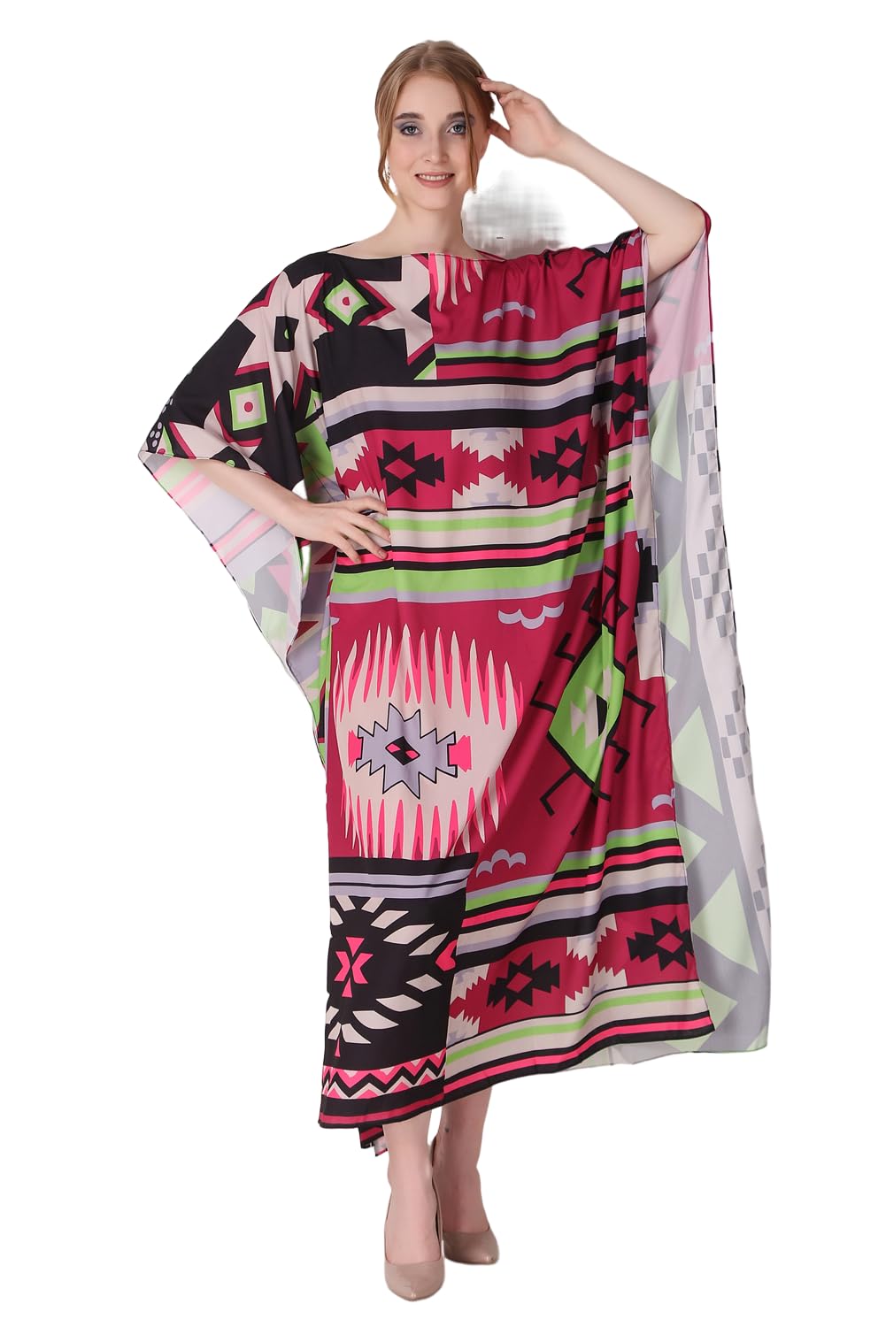 dressprinted Dynamic Geomatric Printed Crepe Maxi Length Long Kaftan Dress for Women Multicolor Freesize-picture-29