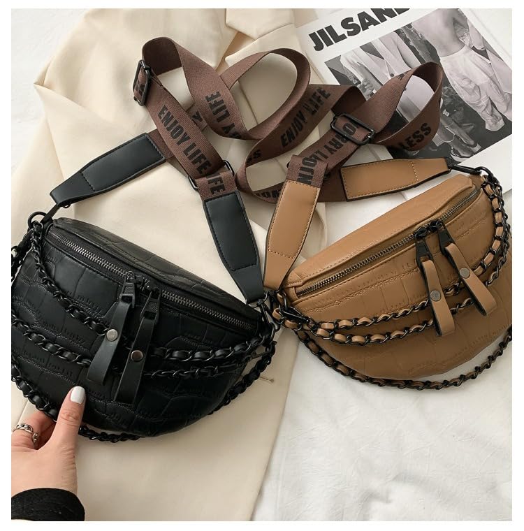 Image of Leather Fanny Pack Bag for Women, Chain Belt Bag Chest Purse Fashionable Crossbody Waist Bags Handbag for Everyday Use Trip Walking Hiking