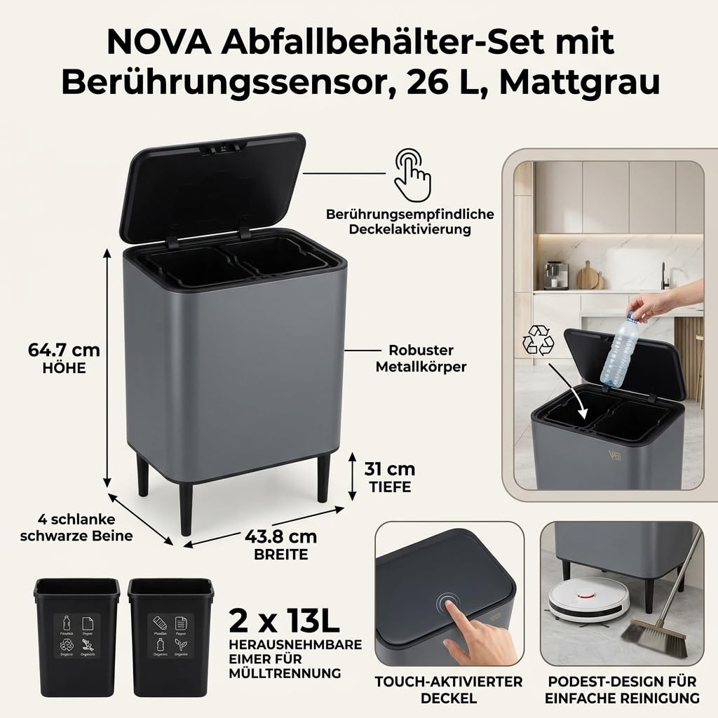 Vip Ahmet Nova Mülleimer Küche 2 Fächer. Touch-Abfalleimer mit Deckel. Küchenabfalleimer für Abfall & Recycling. Doppel Mülleimer (Matt Grau. 26L)