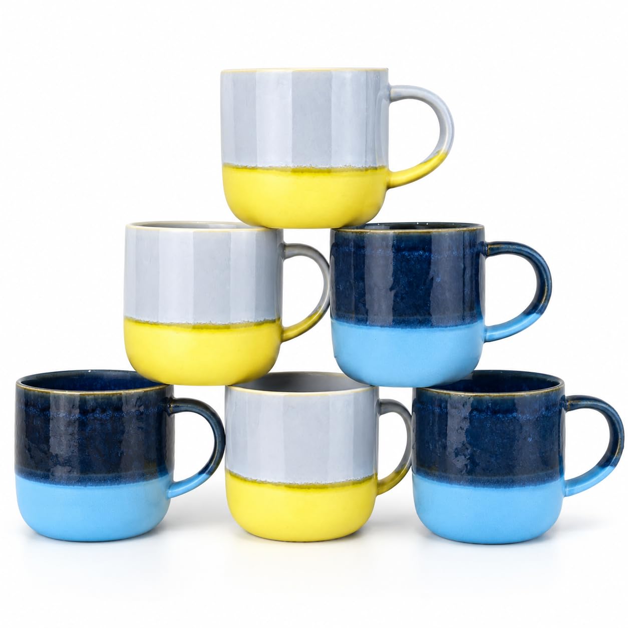 myGrtfam Reactive Glaze Stoneware Mugs Set 6, Ocean Blue and Mustard Yellow Two-Tone, 14 oz, Microwave & Dishwasher Safe โ image 1