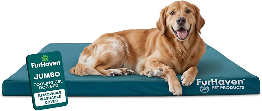 Furhaven Water-Resistant Cooling Gel Dog Bed for Large Dogs w/ Removable Washable Cover, For Dogs Up to 95 lbs - Indoor/Outdoor Logo Print Oxford Polycanvas Mattress - Deep Lagoon, Jumbo/XL