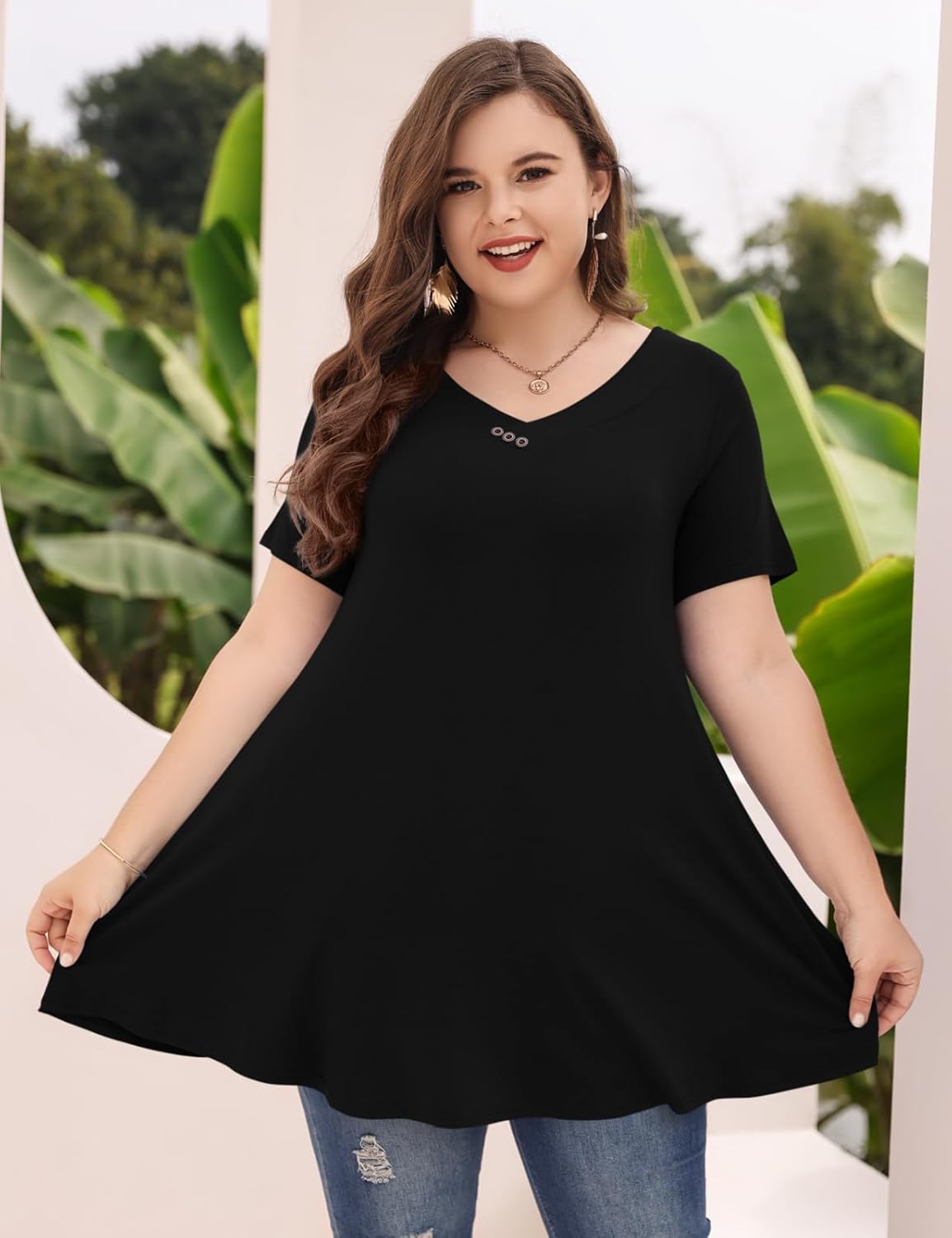 MONNURO Womens Plus Size Tops Short Sleeve Button Down Basic Tunics Summer Swing T Shirts Casual V Neck Blouses for Leggings - Image 2