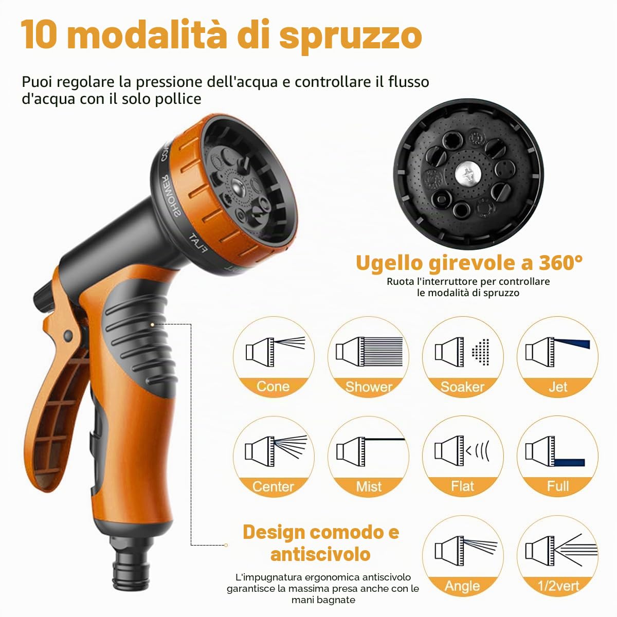 Tubo da giardino flessibile 30 m/100 FT arancione, tubo con 10 funzioni | con ugello spray e connettori in ottone da 3/4" e 1/2",, 3 estensibili, senza pieghe, per giardino, pavimento, terrazza